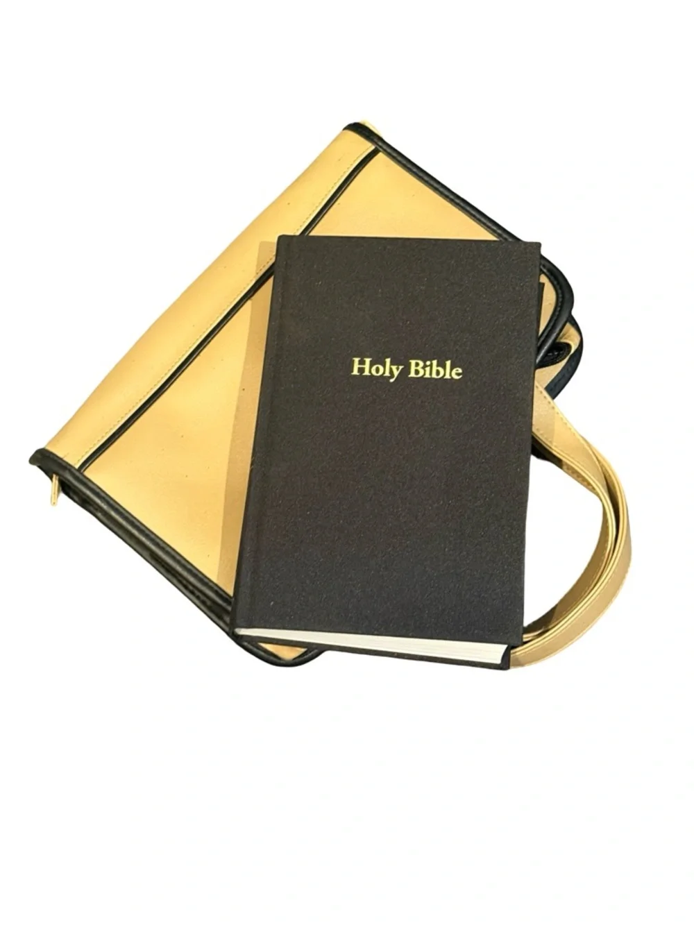 Vegan Leather Bible Book Cover W/ Handles and Pockets Tan Black Trim Free Bible